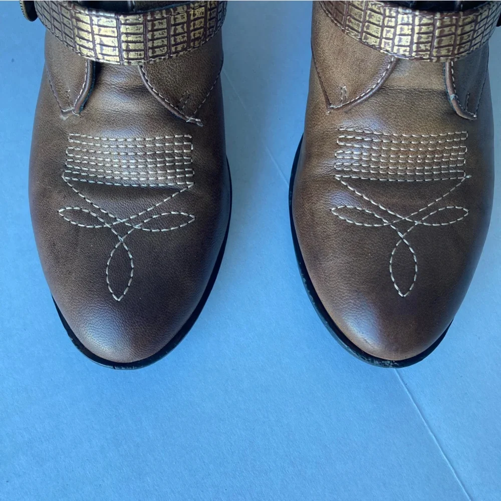 Corkys Bombshell Triple Buckle‎ Ankle Boots Brown Gold Metallic Snakeskin 7
